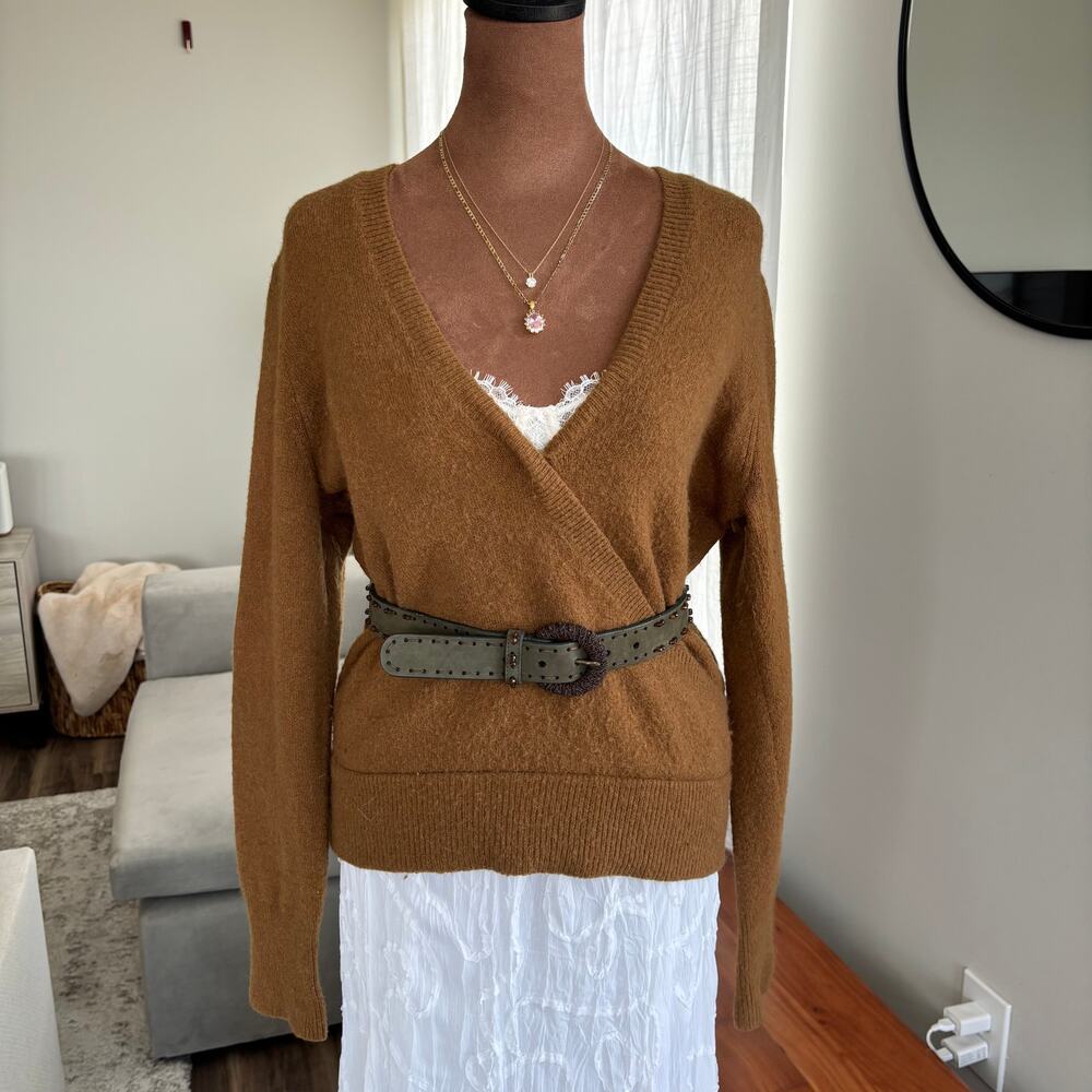 Madewell Wrap Front Sweater Camel Alpaca Wool Blend Coziest Yarn Size Medium - Picture 15 of 15
